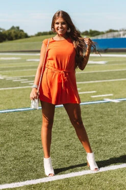 Sweet Sensation Front Tie Romper In Orange