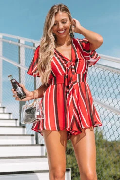Full Of Spirit Front Tie Stripe Romper In Red