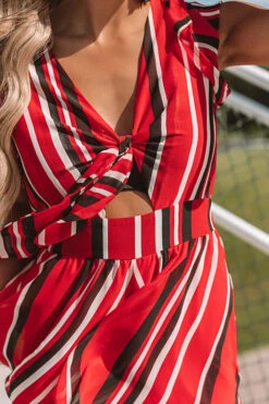 Full Of Spirit Front Tie Stripe Romper In Red -Hanger Fashion 1908123973000 2019081209585600 7900ee87full of spirit front tie stripe romper in red