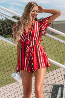 Full Of Spirit Front Tie Stripe Romper In Red -Hanger Fashion 1908123973000 2019081209585600 9a4b0b99full of spirit front tie stripe romper in red