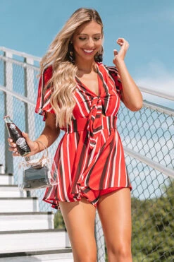 Full Of Spirit Front Tie Stripe Romper In Red -Hanger Fashion 1908123973000 2019081209585600 a4ddf645full of spirit front tie stripe romper in red