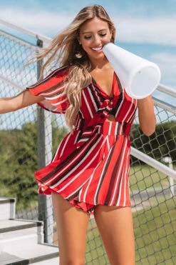 Full Of Spirit Front Tie Stripe Romper In Red -Hanger Fashion 1908123973000 2019081209585700 3d7111c3full of spirit front tie stripe romper in red