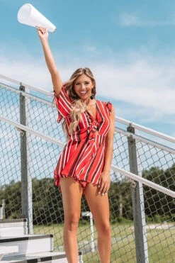 Full Of Spirit Front Tie Stripe Romper In Red -Hanger Fashion 1908123973000 2019081209585700 8cd48ea9full of spirit front tie stripe romper in red