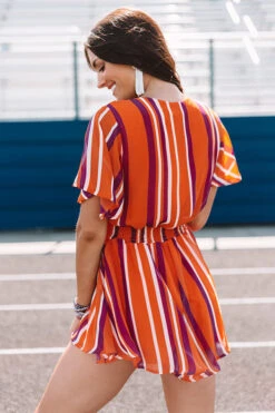 Full Of Spirit Front Tie Stripe Romper In Orange -Hanger Fashion 1908126526000 2019081209563400 847dc3ebfull of spirit front tie stripe romper in orange