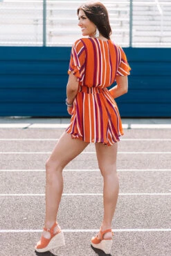 Full Of Spirit Front Tie Stripe Romper In Orange -Hanger Fashion 1908126526000 2019081209563400 d4098fc5full of spirit front tie stripe romper in orange