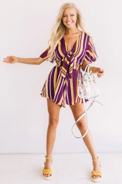 Full Of Spirit Front Tie Stripe Romper In Purple