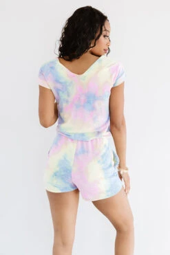 It's All Good Distressed Tie Dye Romper In Blue -Hanger Fashion 2007243359000 2020082116214300 5c88ee6fits all good distressed tie dye romper in blue