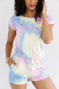 It's All Good Distressed Tie Dye Romper In Blue -Hanger Fashion 2007243359000 2020082116214300 7c377803its all good distressed tie dye romper in blue