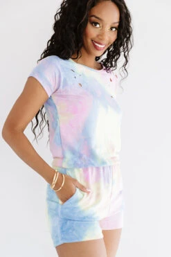 It's All Good Distressed Tie Dye Romper In Blue -Hanger Fashion 2007243359000 2020082116214300 b7006b30its all good distressed tie dye romper in blue