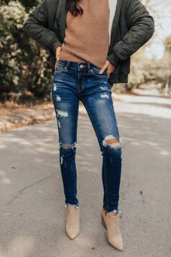 The Mayson Midrise Distressed Skinny In Dark Wash