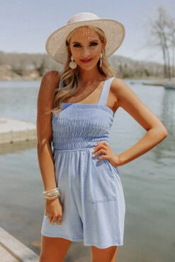 Boat Weekend Smocked Romper In Sky Blue