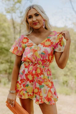 Sassy And Sweet Floral Romper In Tangerine -Hanger Fashion 2204252735000 2022050312045500 cb3757a8sassy and sweet floral romper in tangerine