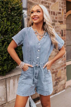 Manhattan Marvels Denim Romper In Medium Wash -Hanger Fashion 2303095321000 2023031713222000 7f99a12dandree by unit express sample 1