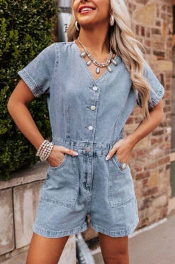 Manhattan Marvels Denim Romper In Medium Wash -Hanger Fashion 2303095321000 2023031713222500 9e289ac6andree by unit express sample 1