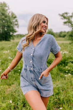 Manhattan Marvels Denim Romper In Medium Wash -Hanger Fashion 2303095321000 2023052814365700 5183afadmanhattan marvels denim romper in medium wash