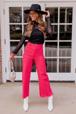 The Adriana High Waist Wide Leg Jean In Hot Pink