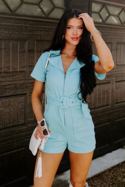 Stay Sophisticated Denim Romper In Sky Blue