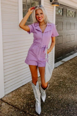 Stay Sophisticated Denim Romper In Lavender