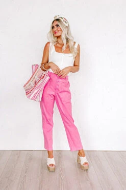 The Lari High Waist Button Up Trousers In Bubblegum Pink