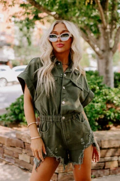 The Juni Distressed Denim Romper In Army Green
