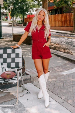Stay Sophisticated Denim Romper In Crimson