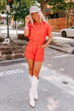 Sweet Duet Distressed Denim Romper In Red