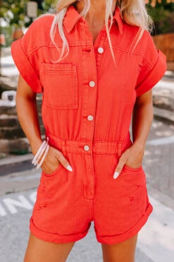 Sweet Duet Distressed Denim Romper In Red -Hanger Fashion 2307109874000 2023071712510100 3514aabbday moon express sample 2