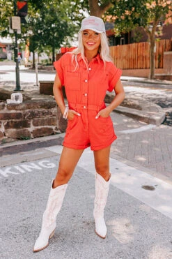 Sweet Duet Distressed Denim Romper In Red -Hanger Fashion 2307109874000 2023071712511200 561ace68day moon express sample 2